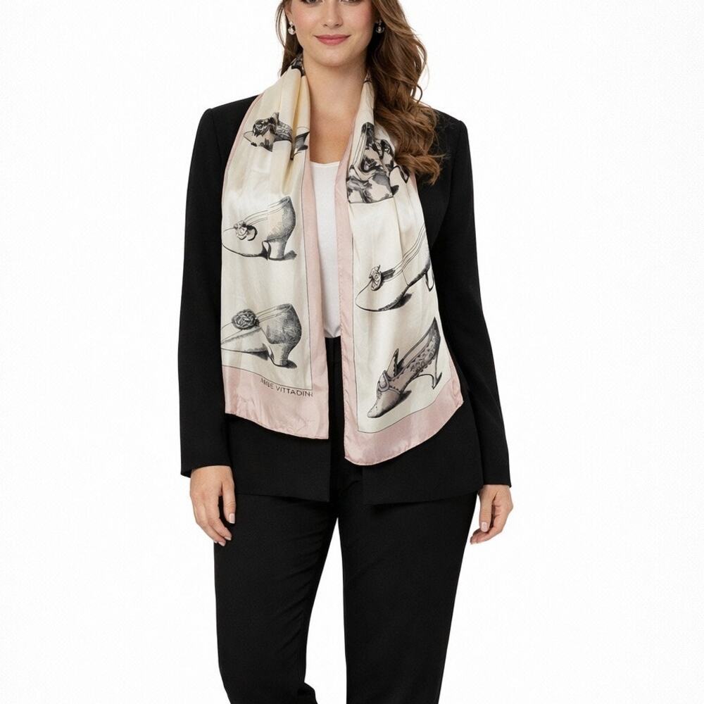 Adrienne Vittadini Silk Scarf Shoe Print Blush Cream Vintage Style 11x51 - Picture 2 of 9